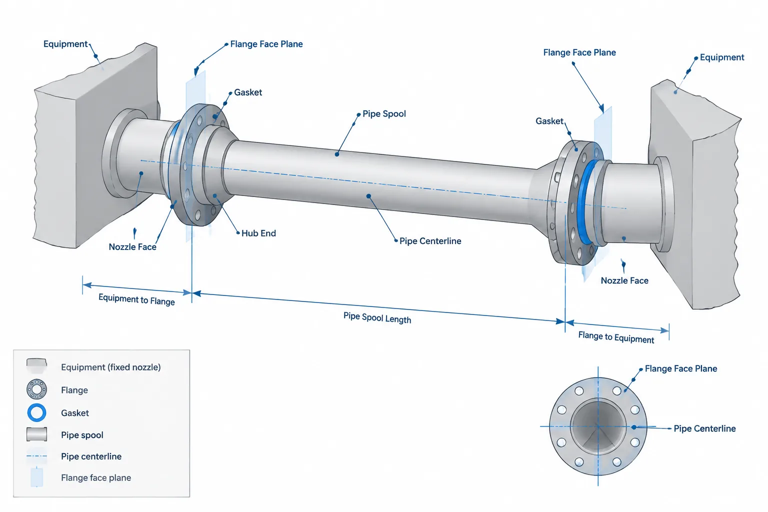 Flanged Piping Dimensions in CAD: Face Planes, Joint Gaps, and Pipe Cut Length