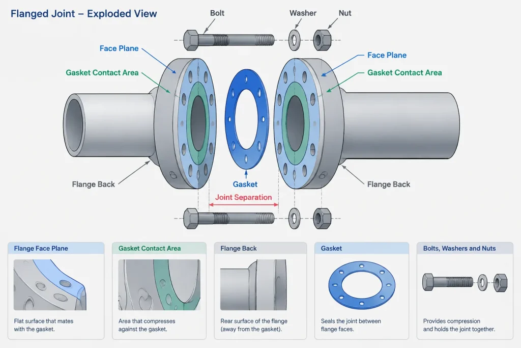 Flanged Piping Dimensions in CAD: Face Planes, Joint Gaps, and Pipe Cut Length piping engineering illustration