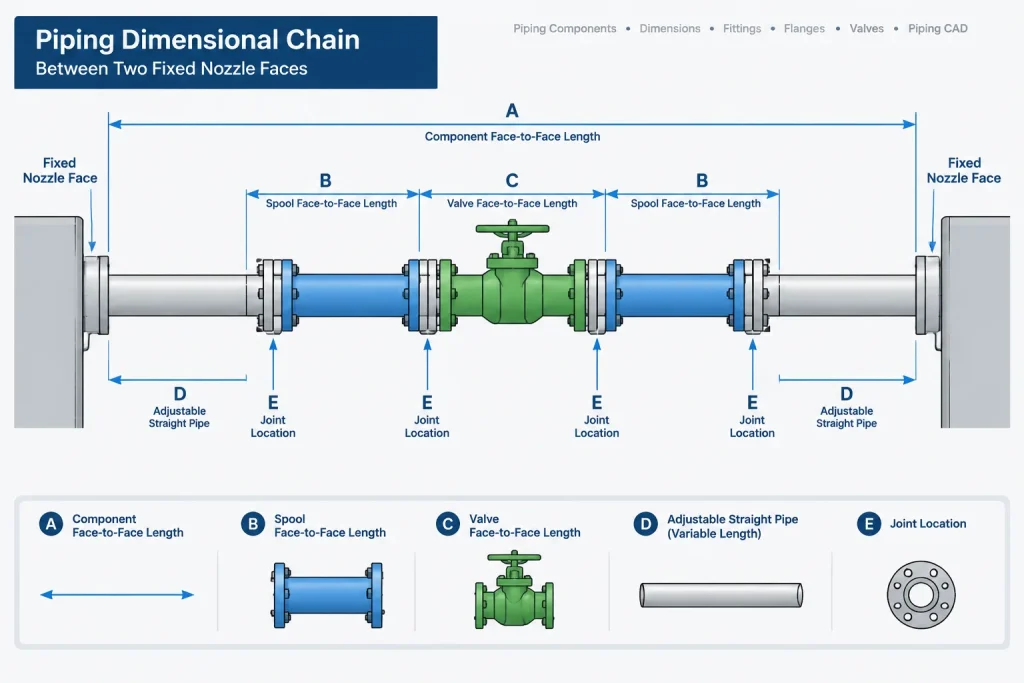 Flanged Piping Dimensions in CAD: Face Planes, Joint Gaps, and Pipe Cut Length piping engineering illustration