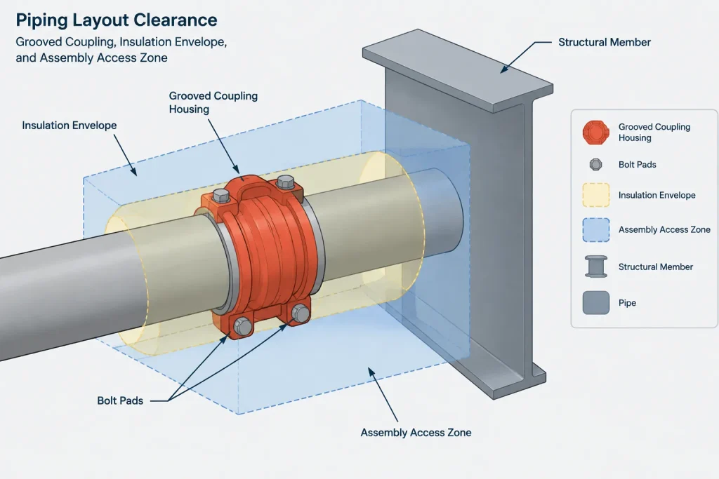 Grooved Pipe Joints in Piping CAD: Couplings, Grooves, Gaskets, and End Gaps piping engineering illustration