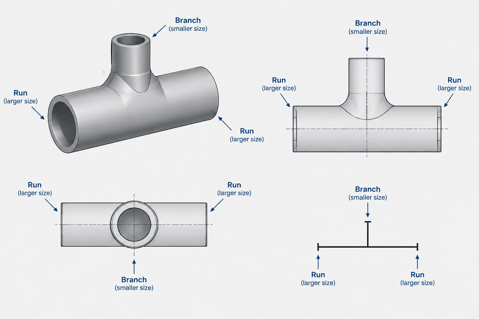 How to Read Reducing Tee Sizes: Run, Branch, and CAD Catalog Mapping