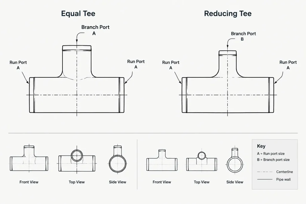 How to Read Reducing Tee Sizes: Run, Branch, and CAD Catalog Mapping piping engineering illustration