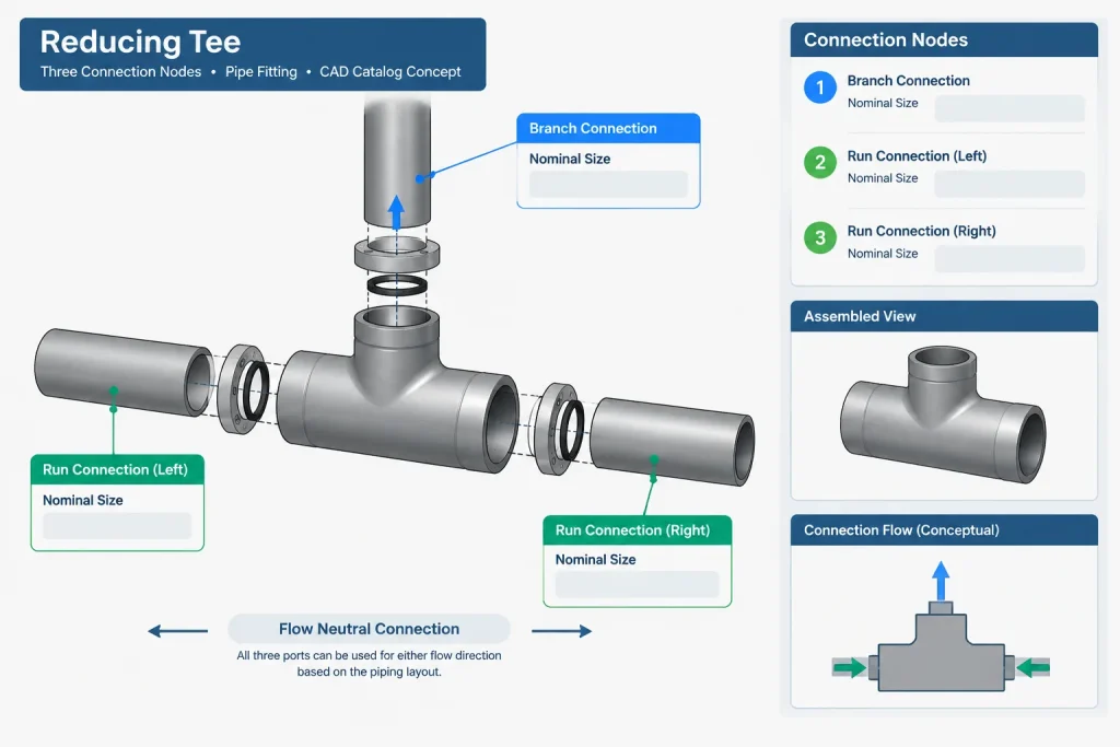 How to Read Reducing Tee Sizes: Run, Branch, and CAD Catalog Mapping piping engineering illustration