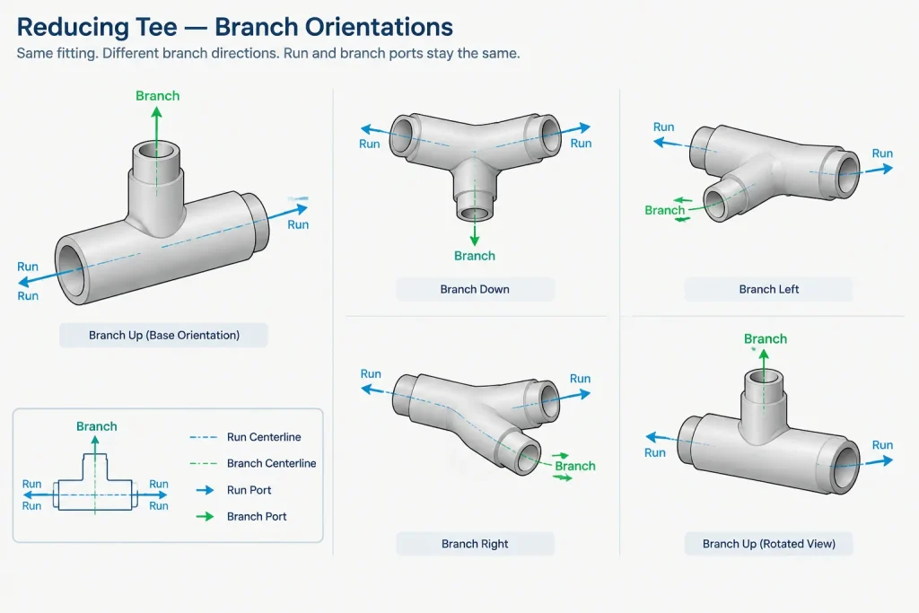 How to Read Reducing Tee Sizes: Run, Branch, and CAD Catalog Mapping piping engineering illustration