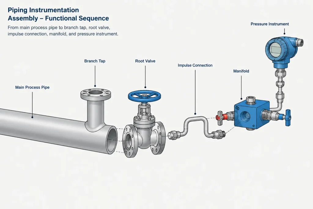 Instrument Connections in Piping CAD: Process Taps, Root Valves, and Model Boundaries piping engineering illustration