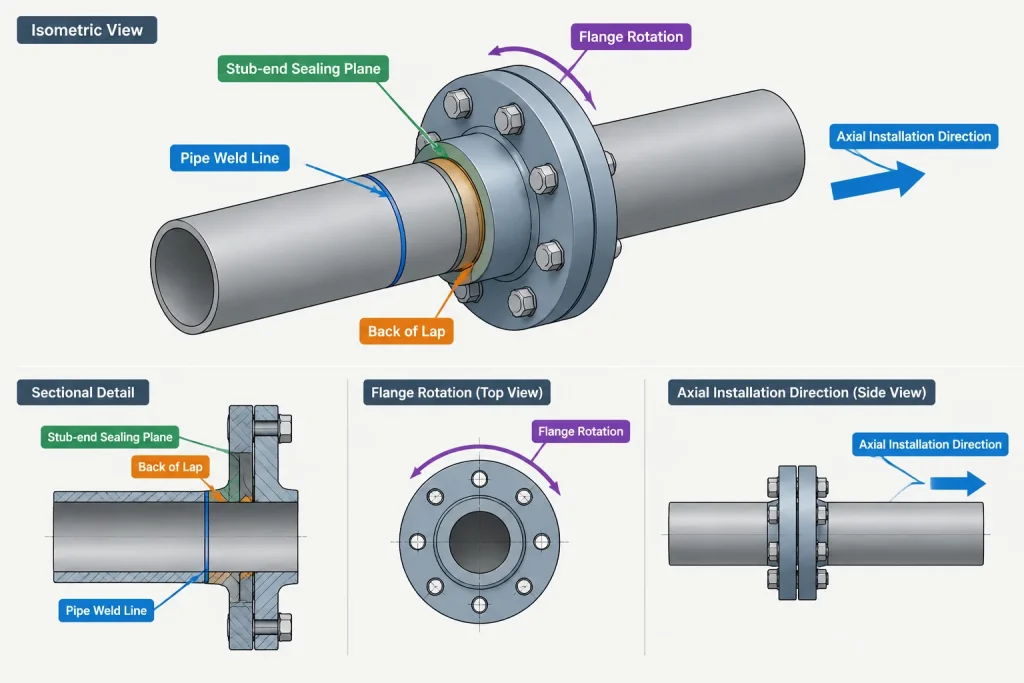 Lap Joint Flanges and Stub Ends in Piping CAD: Assembly, Rotation, and Dimension Control piping engineering illustration