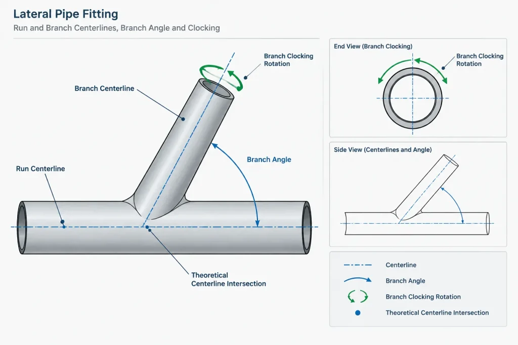 Lateral Pipe Connections vs. Tees: Branch Angle, Geometry, and CAD Documentation piping engineering illustration