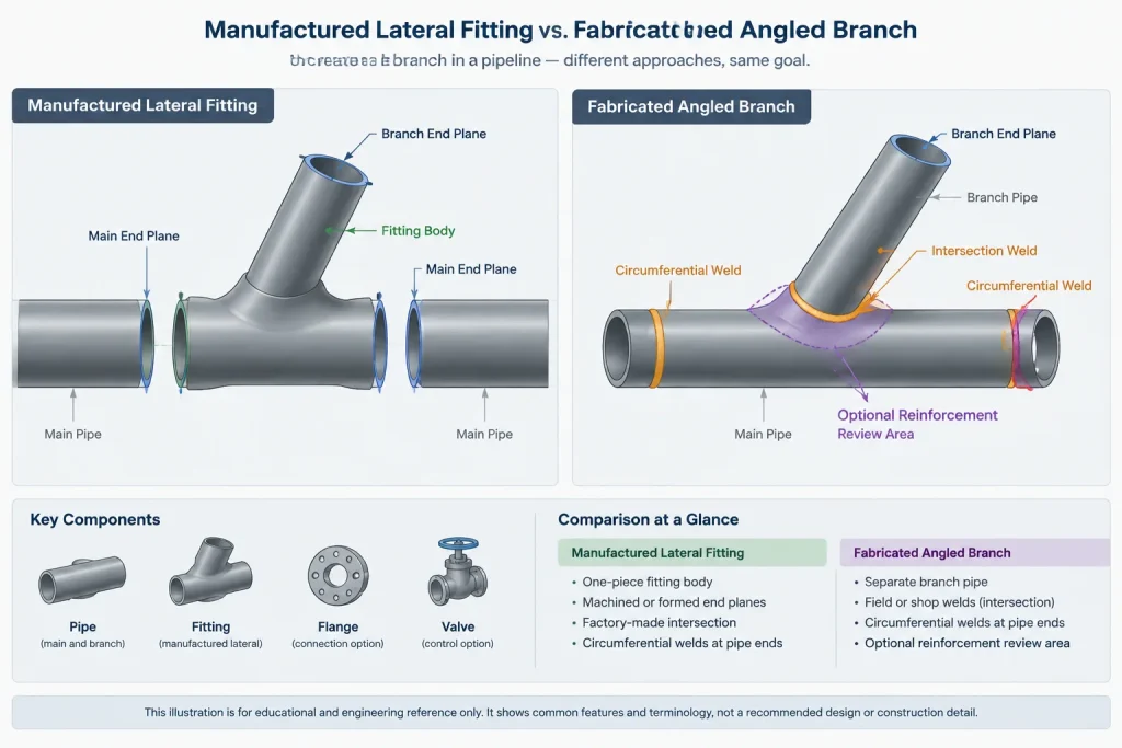 Lateral Pipe Connections vs. Tees: Branch Angle, Geometry, and CAD Documentation piping engineering illustration