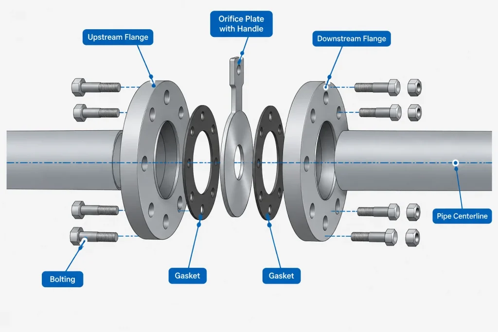 Orifice Flanges in Piping CAD: Pressure Taps, Plate Orientation, and Meter-Run Control piping engineering illustration