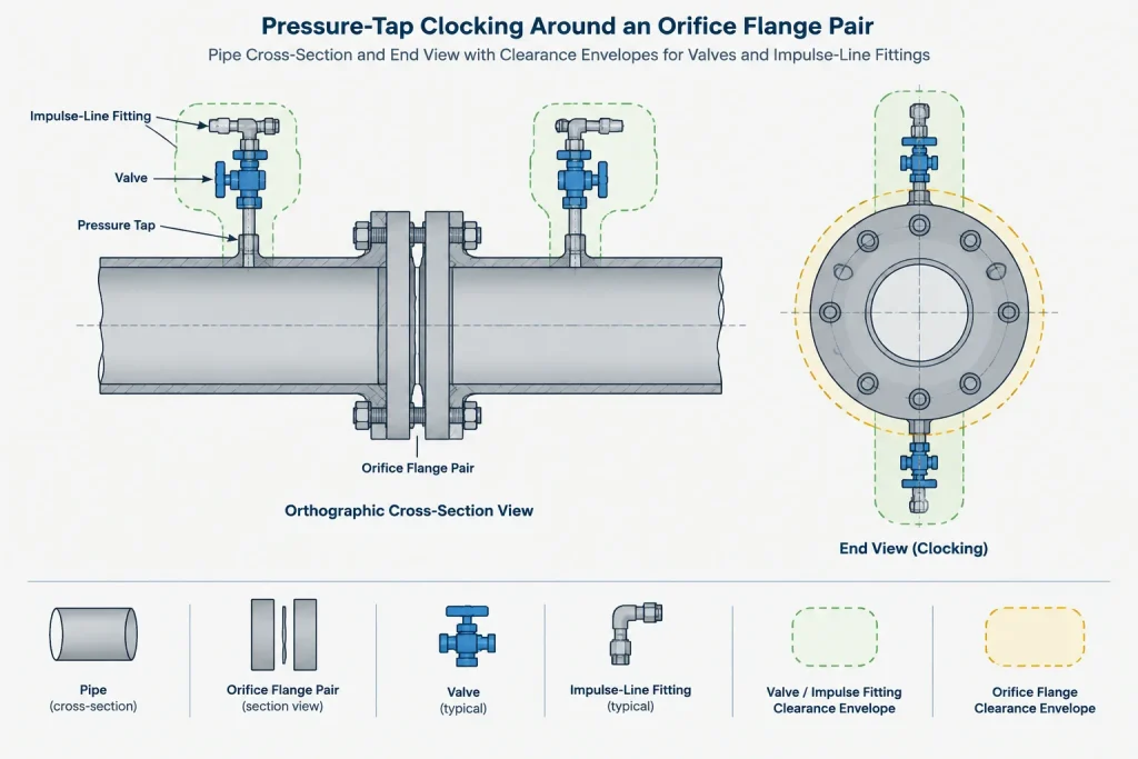 Orifice Flanges in Piping CAD: Pressure Taps, Plate Orientation, and Meter-Run Control piping engineering illustration