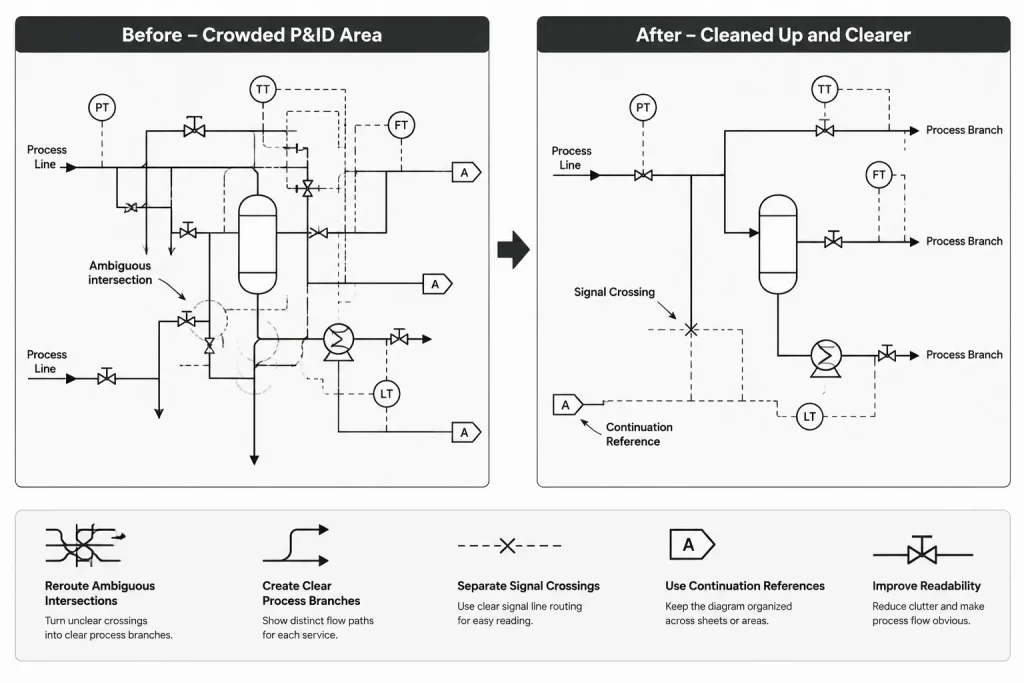 P&ID Line Crossings and Connections: How to Avoid False Junctions in CAD piping engineering illustration