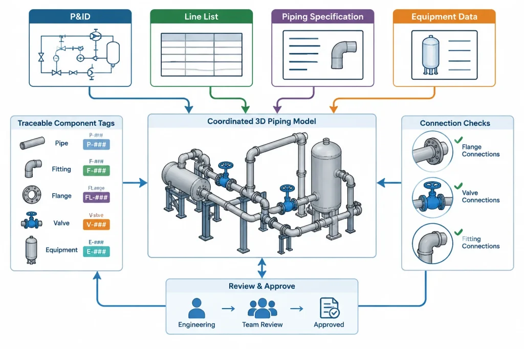 P&ID Symbols vs. 3D Piping Models: Why Functional Diagrams and Physical Geometry Differ piping engineering illustration
