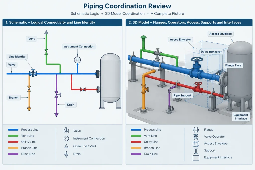 P&ID Symbols vs. 3D Piping Models: Why Functional Diagrams and Physical Geometry Differ piping engineering illustration