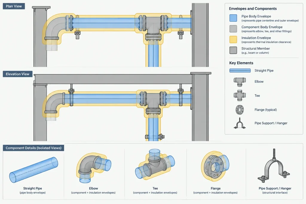Pipe and Fitting Outside Dimensions in CAD: Why Nominal Size Does Not Define the Envelope piping engineering illustration