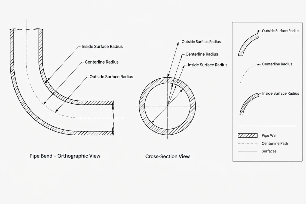 Pipe Bend Radius in CAD: Centerline Radius, Intrados, Extrados, and Developed Length piping engineering illustration