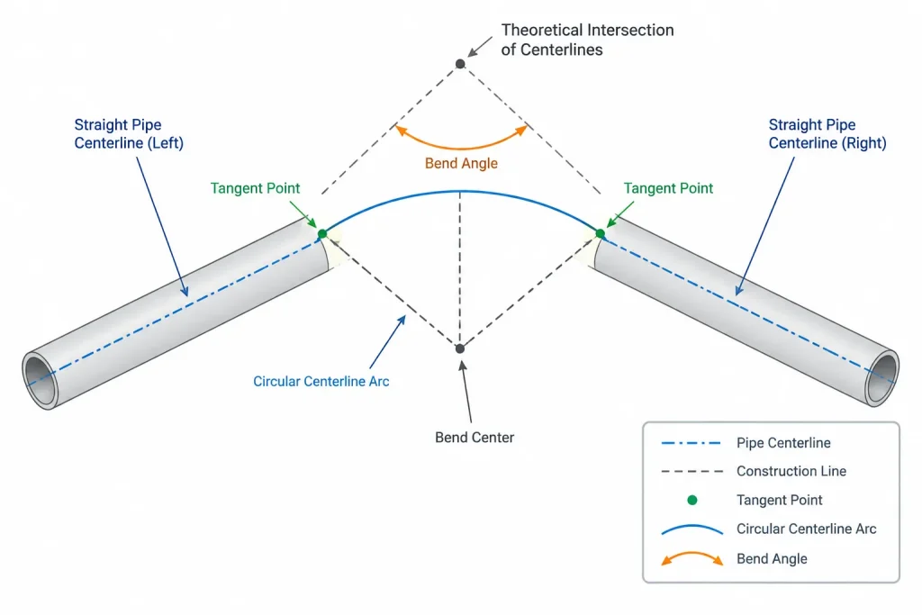 Pipe Bend Radius in CAD: Centerline Radius, Intrados, Extrados, and Developed Length piping engineering illustration