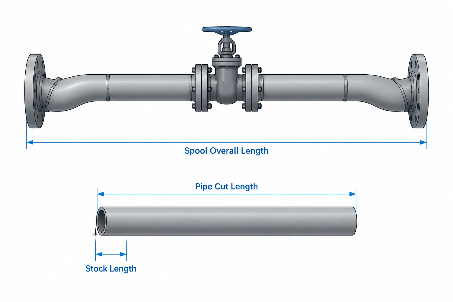 Pipe Length Terminology: Stock Length, Cut Length, Developed Length, and Spool Overall Length piping engineering illustration