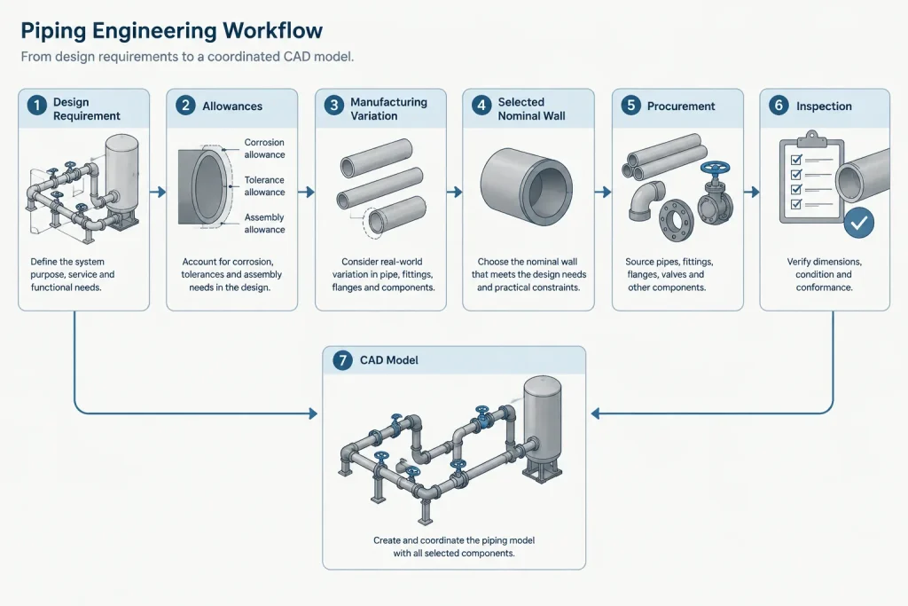 Pipe Mill Tolerance in Design and CAD: Nominal Wall, Minimum Wall, and Model Geometry piping engineering illustration