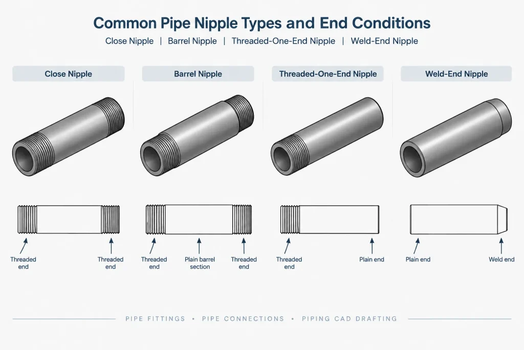 Pipe Nipples in CAD: Length, End Connections, and Threaded Makeup piping engineering illustration