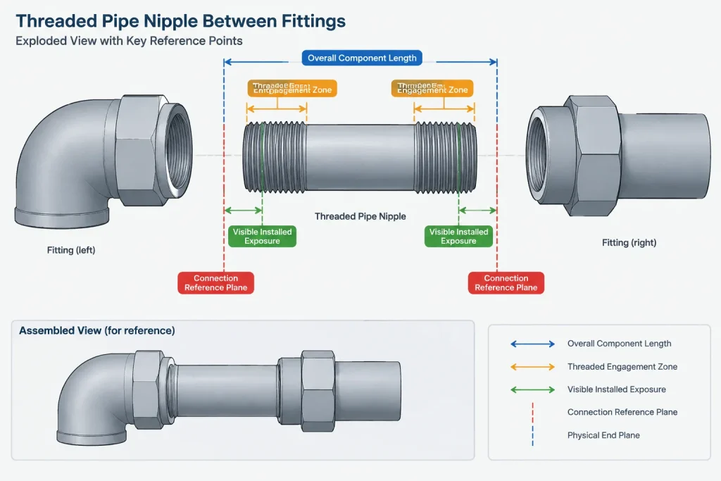 Pipe Nipples in CAD: Length, End Connections, and Threaded Makeup piping engineering illustration