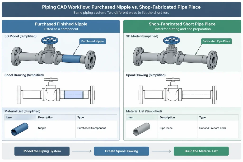 Pipe Nipples in CAD: Length, End Connections, and Threaded Makeup piping engineering illustration