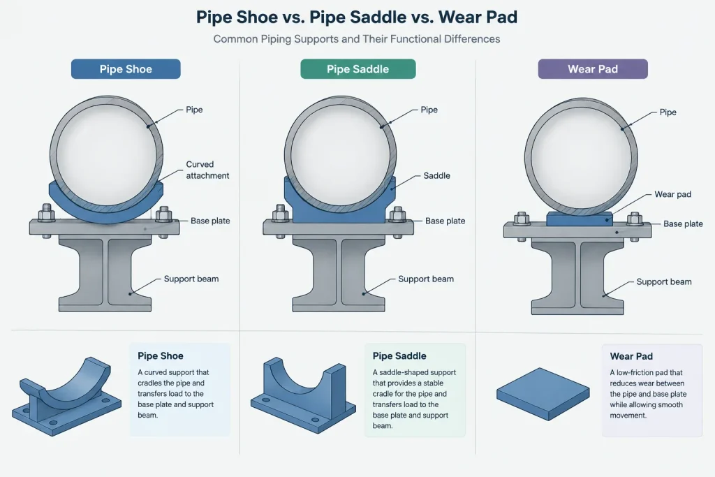 Pipe Shoes, Saddles, and Wear Pads in CAD: Geometry, Load Path, and Documentation piping engineering illustration