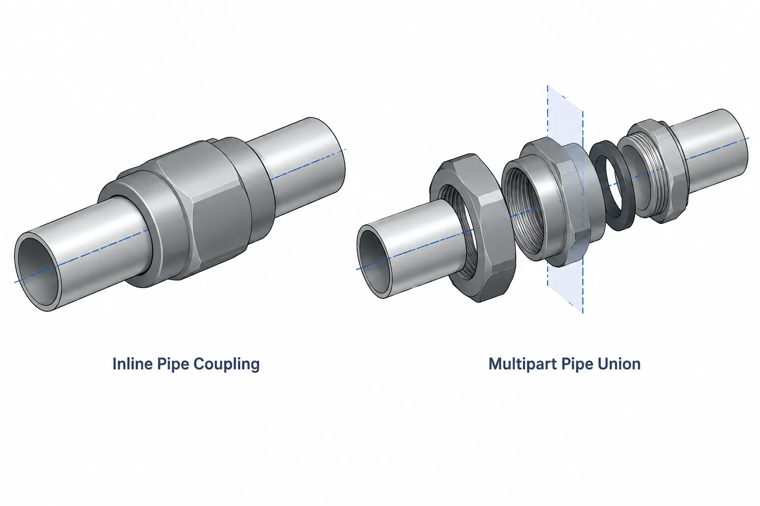 Pipe Unions vs. Couplings in Piping CAD: Connection, Disassembly, and Layout Differences