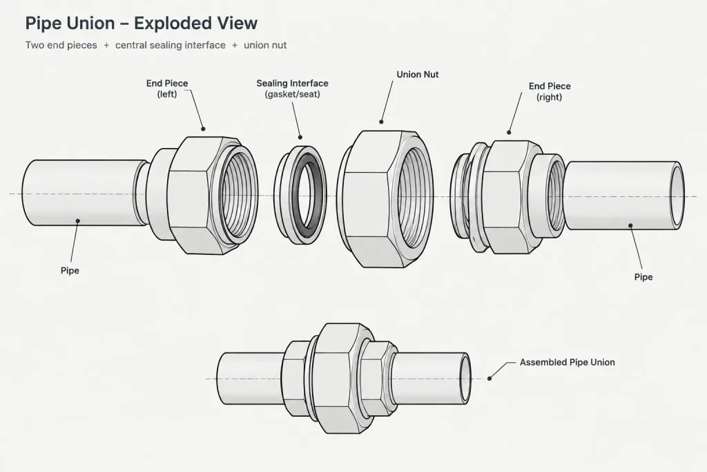 Pipe Unions vs. Couplings in Piping CAD: Connection, Disassembly, and Layout Differences piping engineering illustration