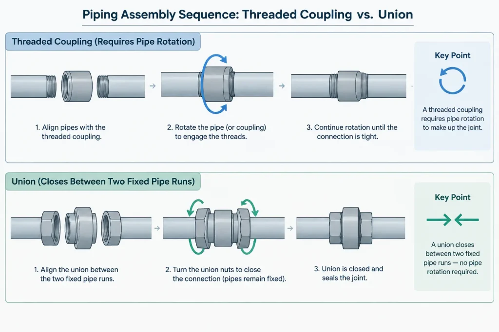 Pipe Unions vs. Couplings in Piping CAD: Connection, Disassembly, and Layout Differences piping engineering illustration