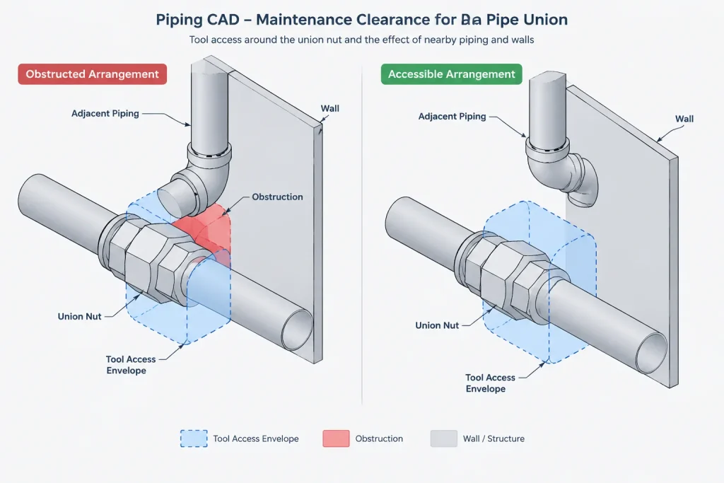 Pipe Unions vs. Couplings in Piping CAD: Connection, Disassembly, and Layout Differences piping engineering illustration