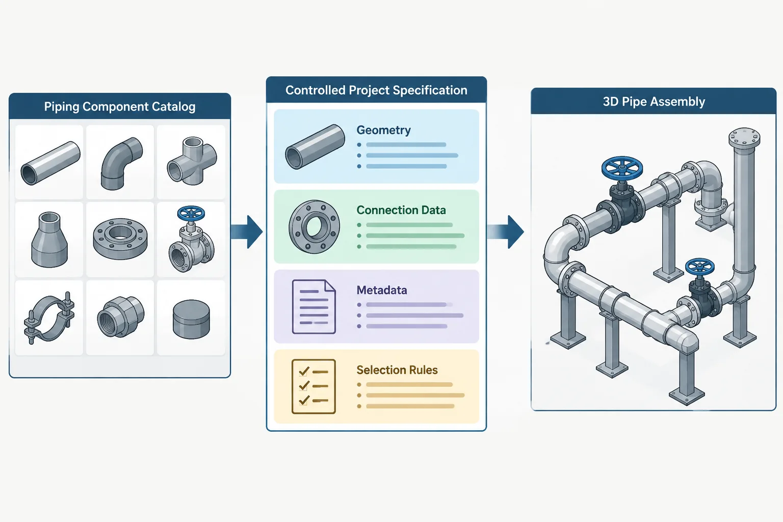 Piping CAD Catalogs vs. Project Specifications: Geometry, Selection Rules, and Data Control