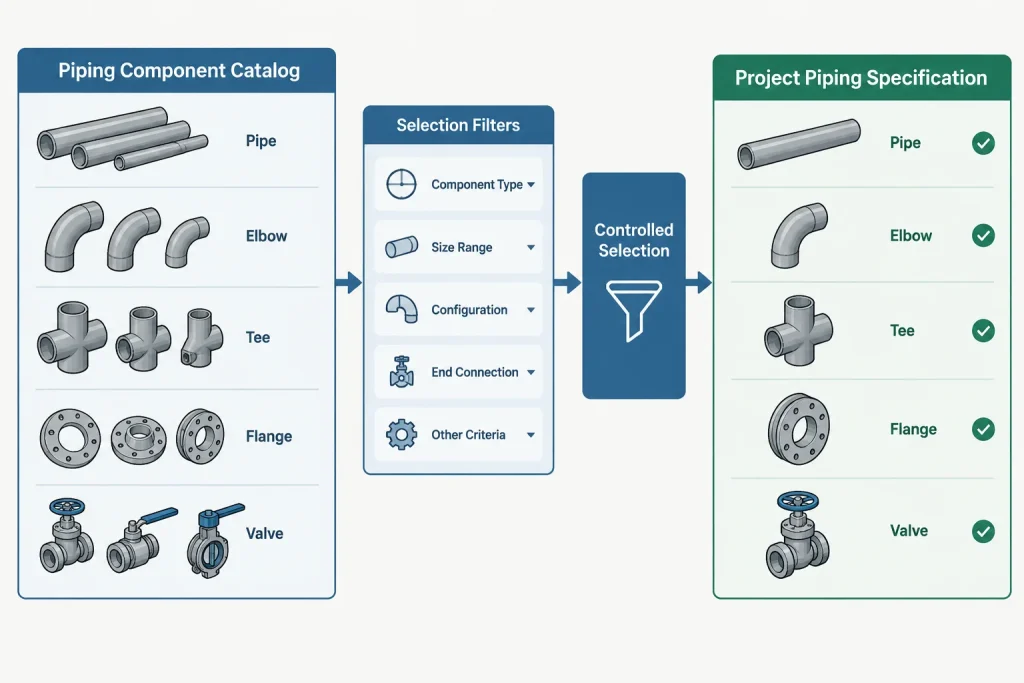 Piping CAD Catalogs vs. Project Specifications: Geometry, Selection Rules, and Data Control piping engineering illustration