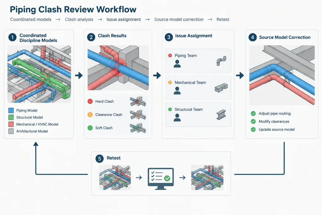 Piping CAD Clash Detection: Hard Clashes, Clearance Zones, and Review Workflow piping engineering illustration