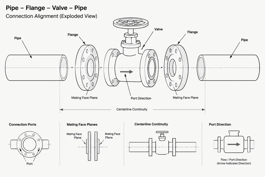 Piping CAD Connection Points: Origins, Ports, Centerlines, and Replacement Control piping engineering illustration