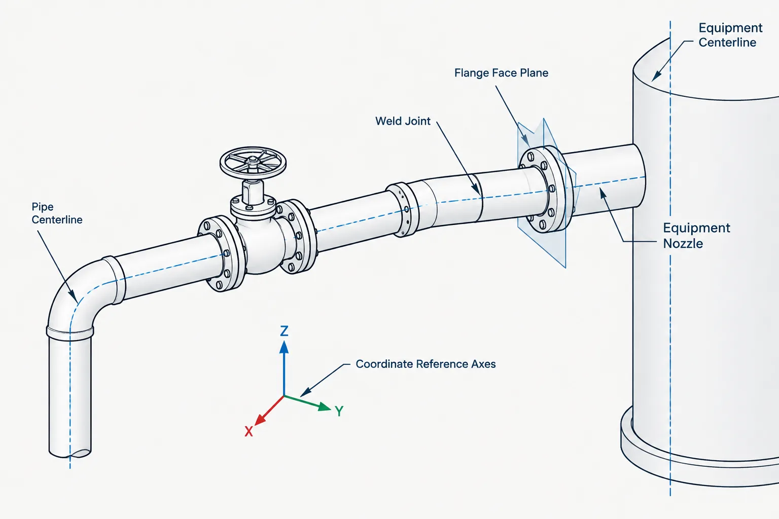 Piping CAD Datums: Centerlines, Face Planes, Weld Lines, and Equipment Interfaces piping engineering illustration