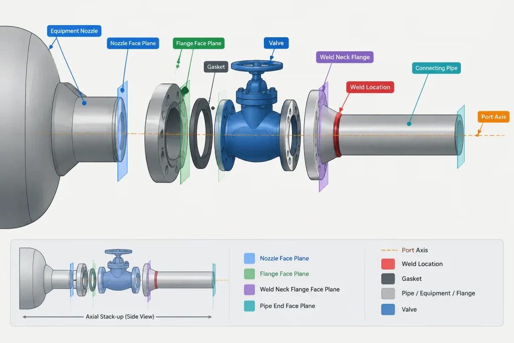 Piping CAD Datums: Centerlines, Face Planes, Weld Lines, and Equipment Interfaces piping engineering illustration
