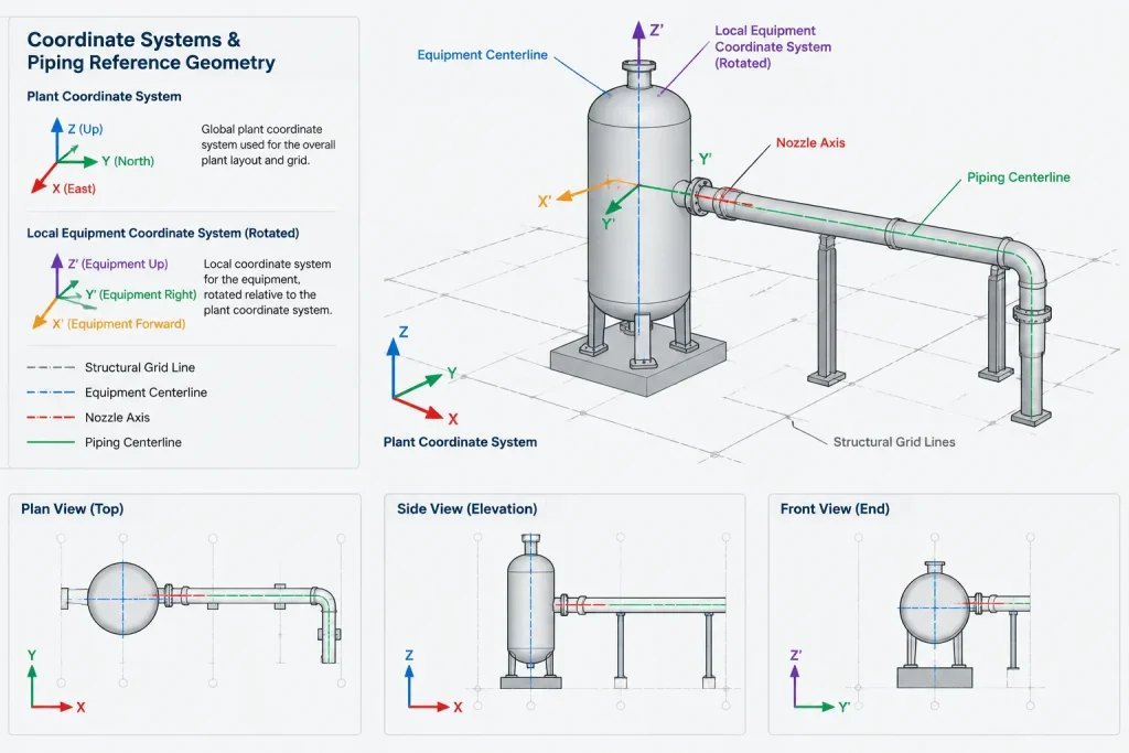 Piping CAD Datums: Centerlines, Face Planes, Weld Lines, and Equipment Interfaces piping engineering illustration