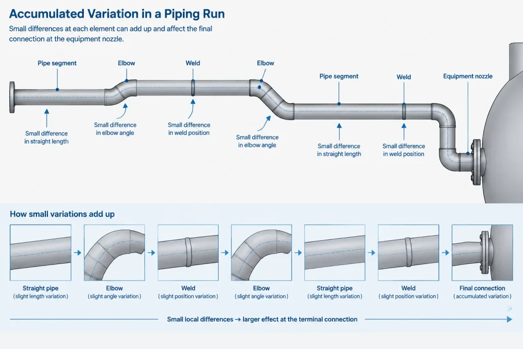 Piping Dimension Chains vs. Baseline Dimensions in CAD: Controlling Fit-Up and Accumulated Variation piping engineering illustration