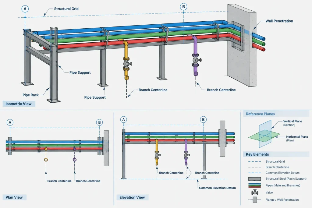 Piping Dimension Chains vs. Baseline Dimensions in CAD: Controlling Fit-Up and Accumulated Variation piping engineering illustration