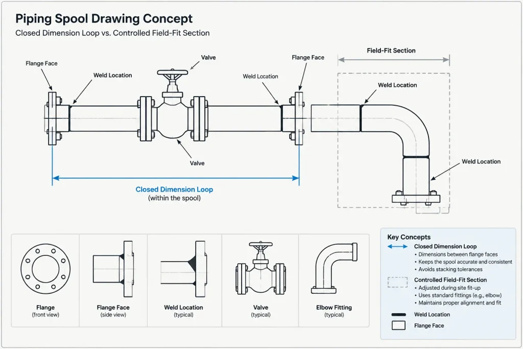 Piping Dimension Chains vs. Baseline Dimensions in CAD: Controlling Fit-Up and Accumulated Variation piping engineering illustration