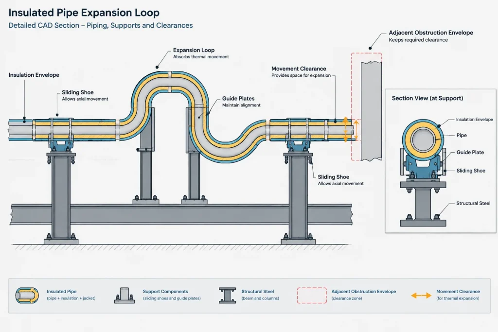 Piping Expansion Loops in CAD: Geometry, Anchors, Guides, and Movement Checks piping engineering illustration