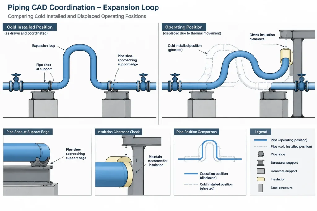 Piping Expansion Loops in CAD: Geometry, Anchors, Guides, and Movement Checks piping engineering illustration
