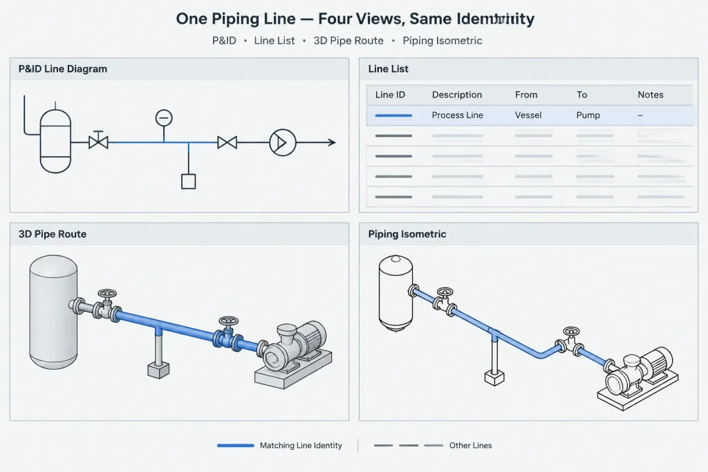 Piping Line List vs. P&ID, CAD Model, and Isometric: A Practical Data-Control Guide piping engineering illustration