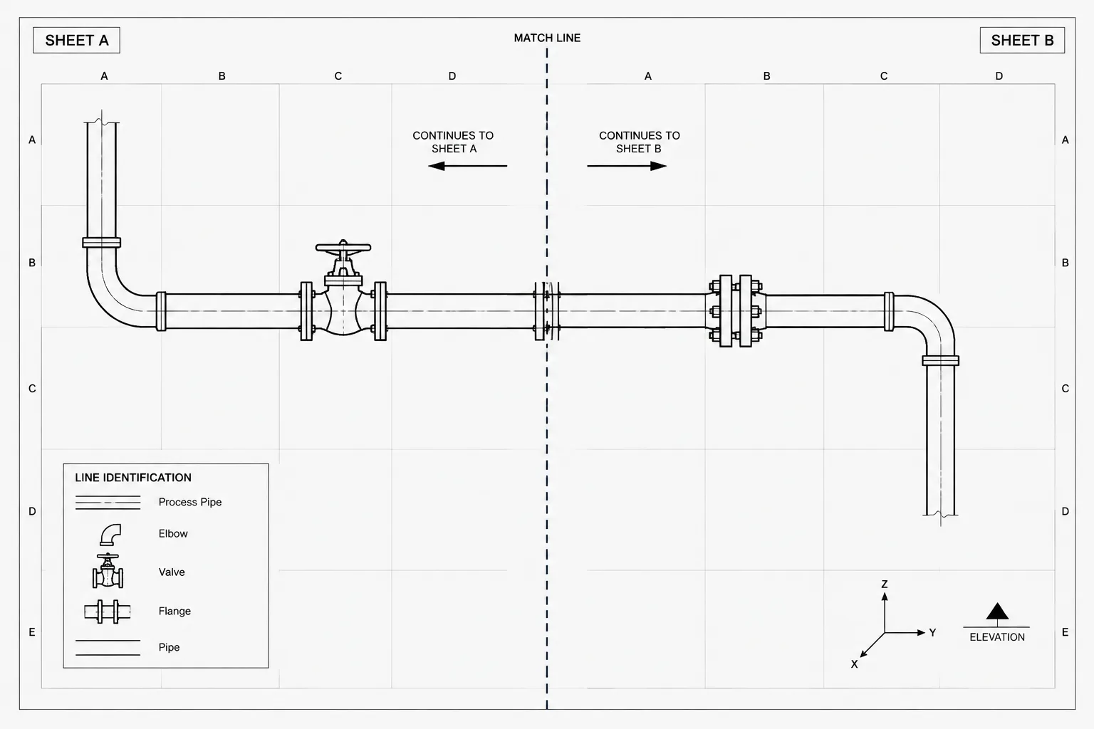 Piping Match Lines and Continuation References in CAD Drawings