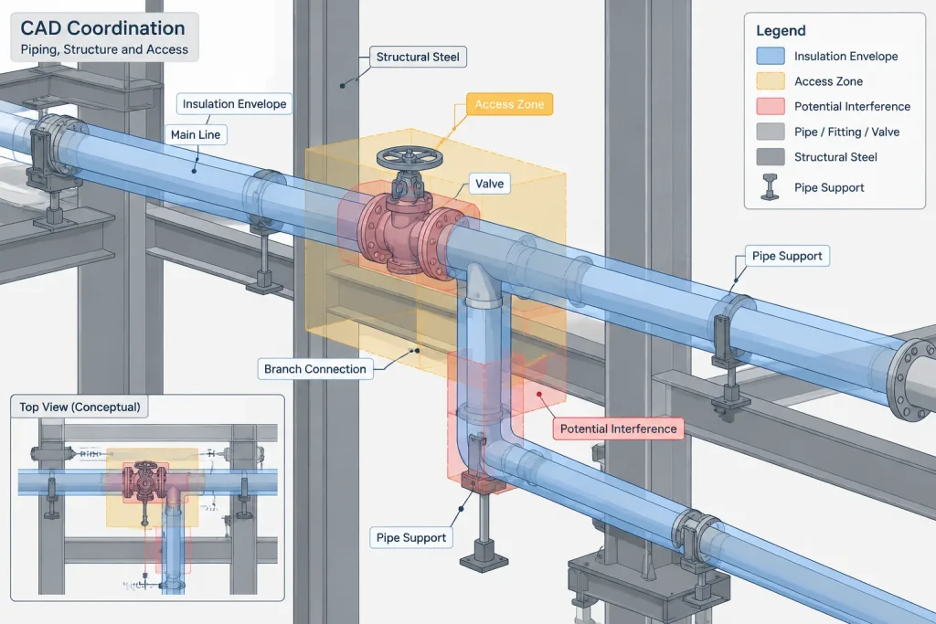 Piping Support Locations in CAD: Span, Load, Movement, and Coordination piping engineering illustration