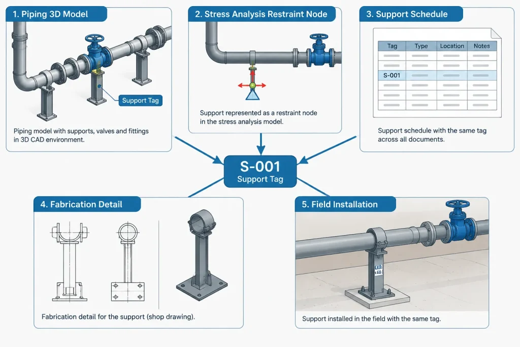 Piping Support Tags in CAD: Connecting Model Locations, Details, and Load Data piping engineering illustration