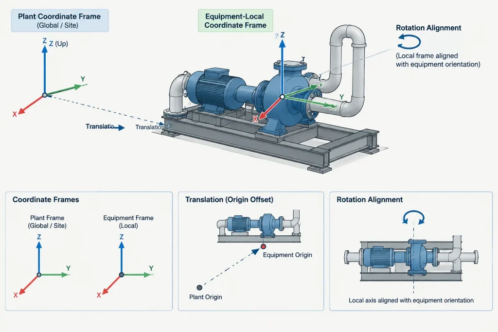 Plant Coordinates vs. Local Coordinates in Piping CAD: Origins, Rotations, and Drawing Control piping engineering illustration