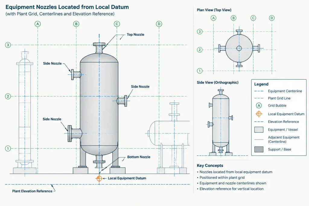 Plant Coordinates vs. Local Coordinates in Piping CAD: Origins, Rotations, and Drawing Control piping engineering illustration
