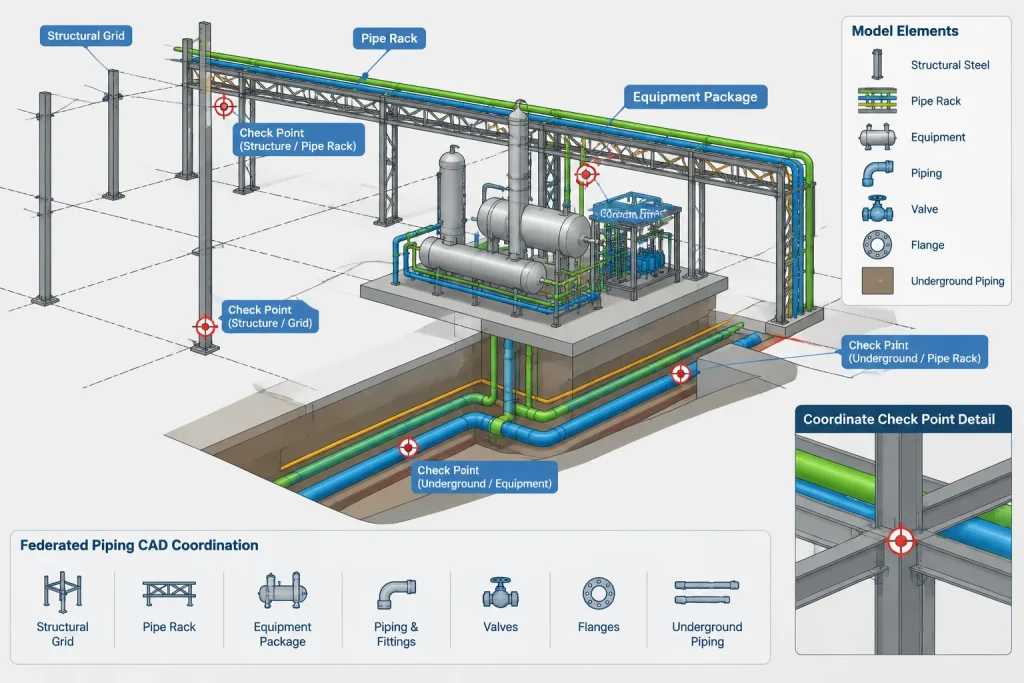 Plant Coordinates vs. Local Coordinates in Piping CAD: Origins, Rotations, and Drawing Control piping engineering illustration