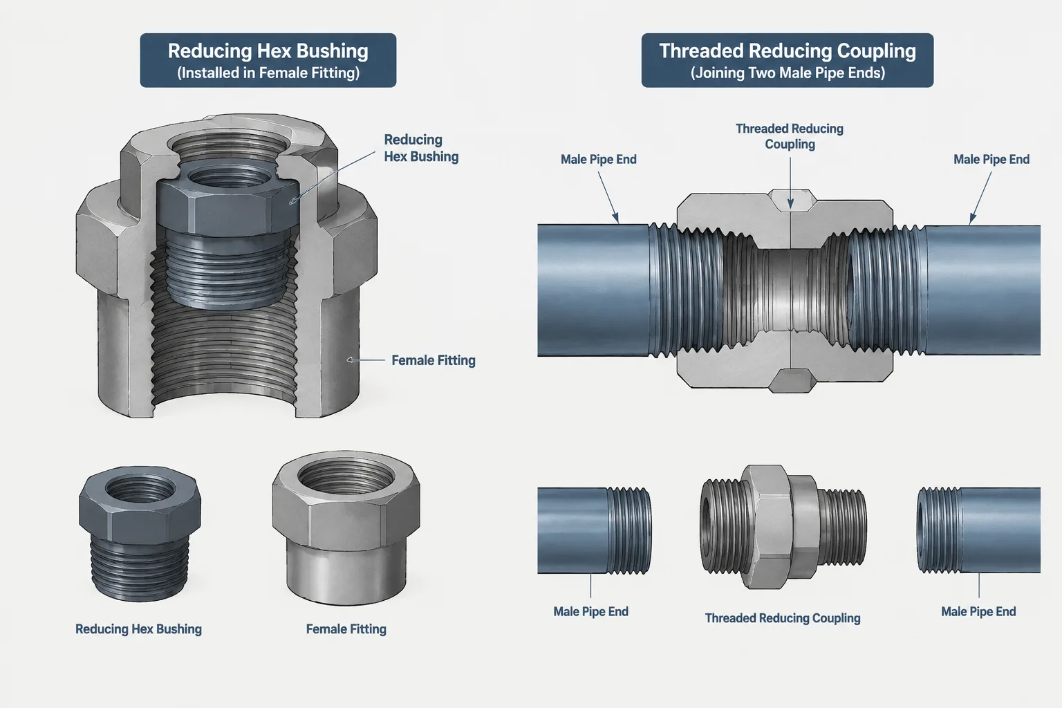 Reducing Bushings vs. Reducing Couplings in Threaded Piping: Geometry, Selection, and CAD Documentation